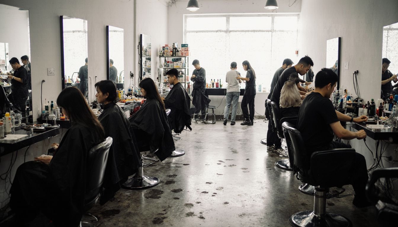 A busy hair salon with stylists and clients engaged in services. A busy hair salon with stylists and clients engaged in services.