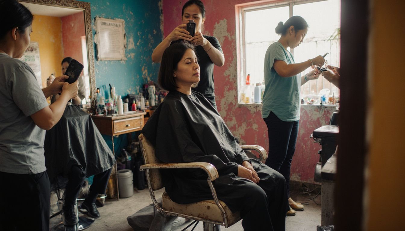 A woman enjoys a casual hair treatment at a local salon. A woman enjoys a casual hair treatment at a local salon.