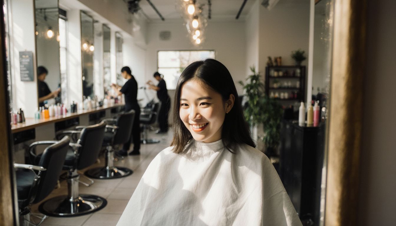 A young woman happily admires her fresh haircut in a salon.