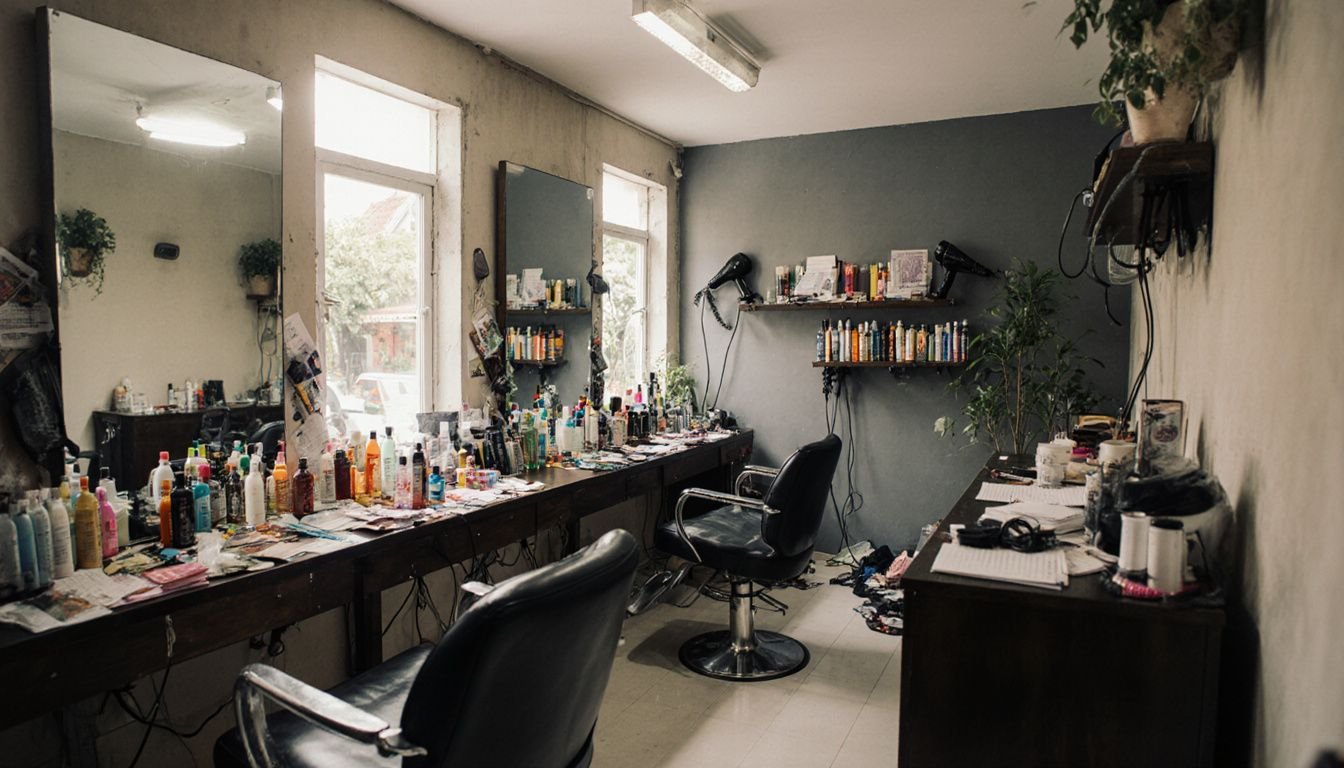 Busy hair salon in Quezon City with styling stations and products.