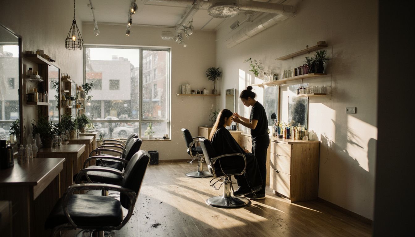 A relaxed woman receives highlights at a bustling Japanese hair salon.