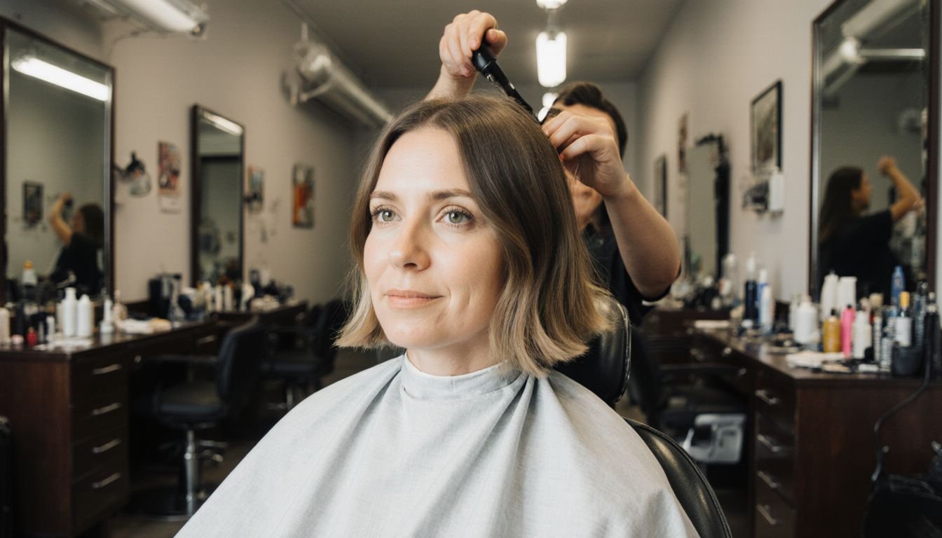 A woman relaxes in a salon chair during her hair treatment.