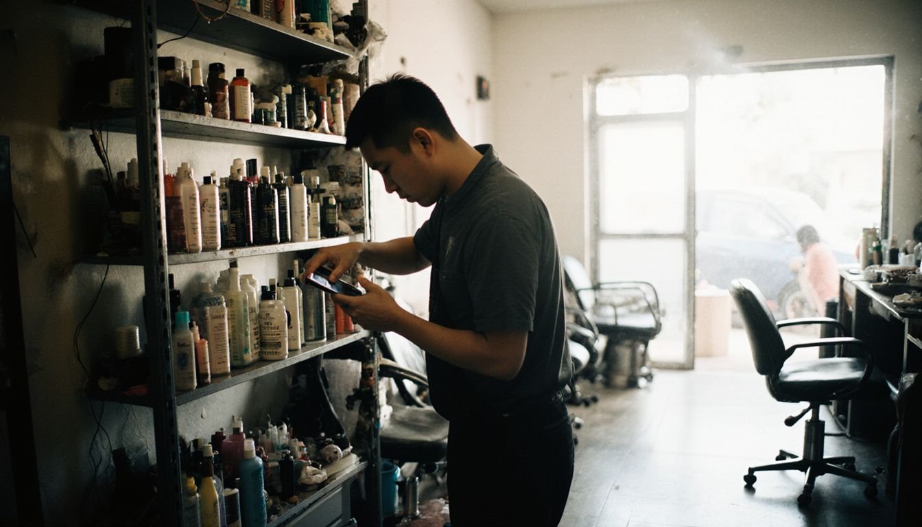 A hairstylist selects products from a cluttered salon shelf. A hairstylist selects products from a cluttered salon shelf.