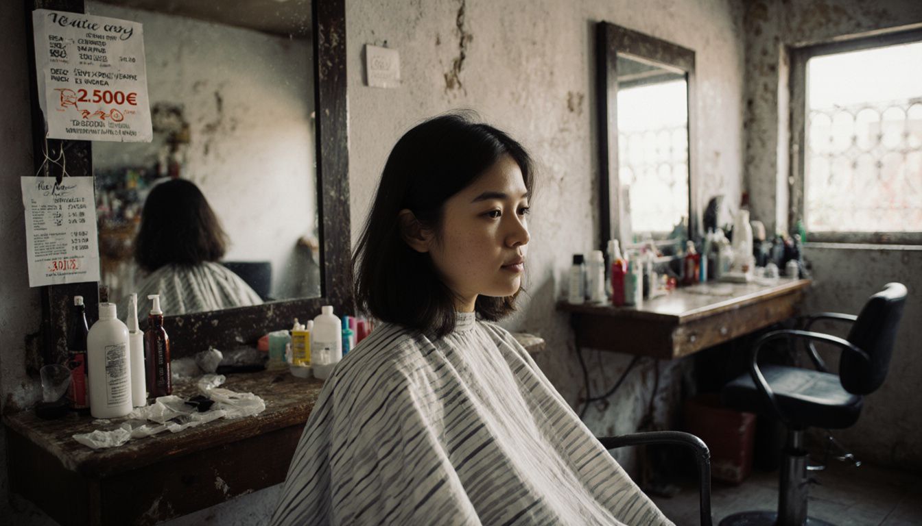A young woman casually getting a haircut in a modest salon. A young woman casually getting a haircut in a modest salon.