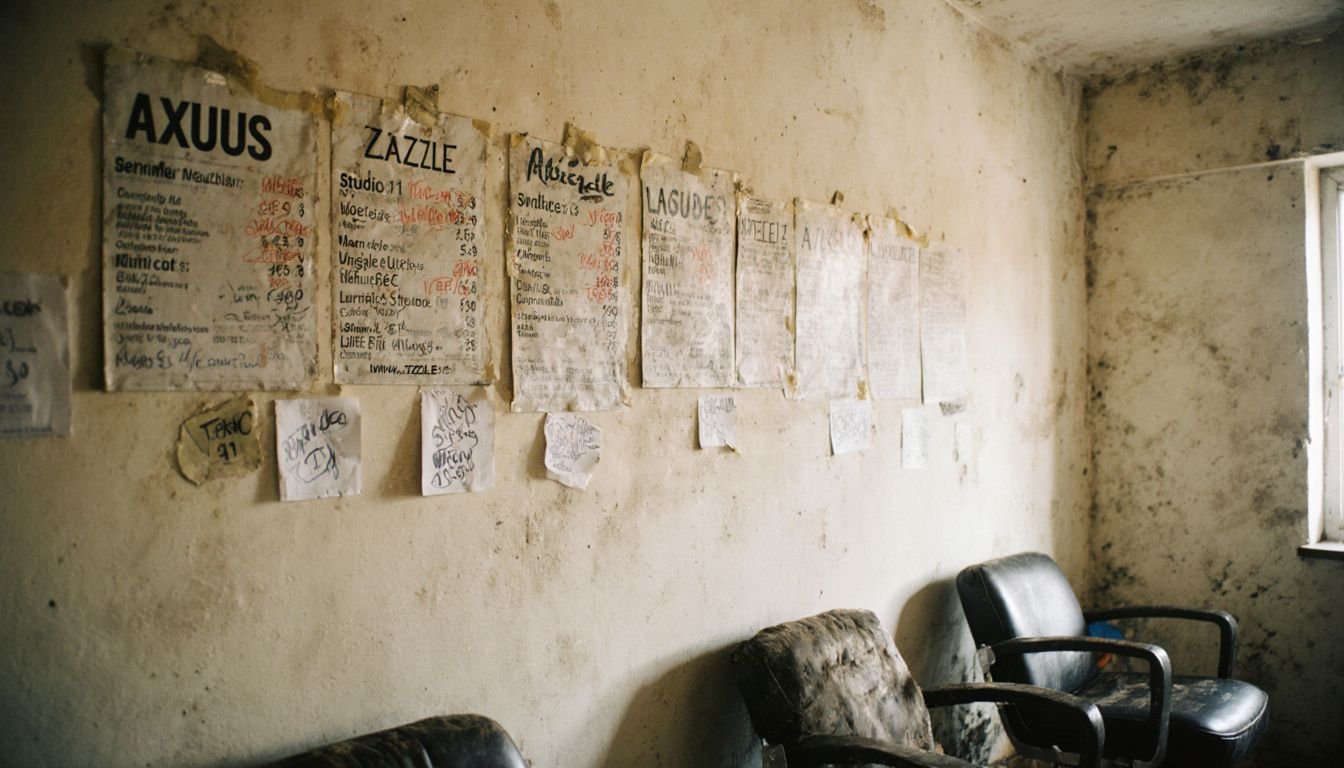 A cluttered salon wall displays various faded price cards and signs.