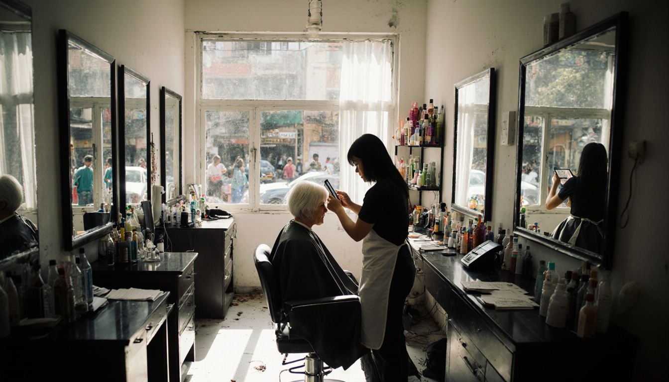 A woman receives a haircut in a bustling Manila salon.