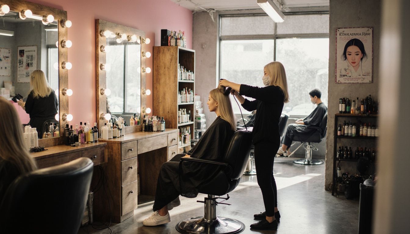 A woman enjoys a hairstyling session in a bustling Korean salon. A woman enjoys a hairstyling session in a bustling Korean salon.