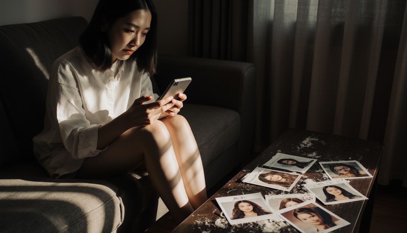 A woman browses salon reviews and hair transformations on her phone.