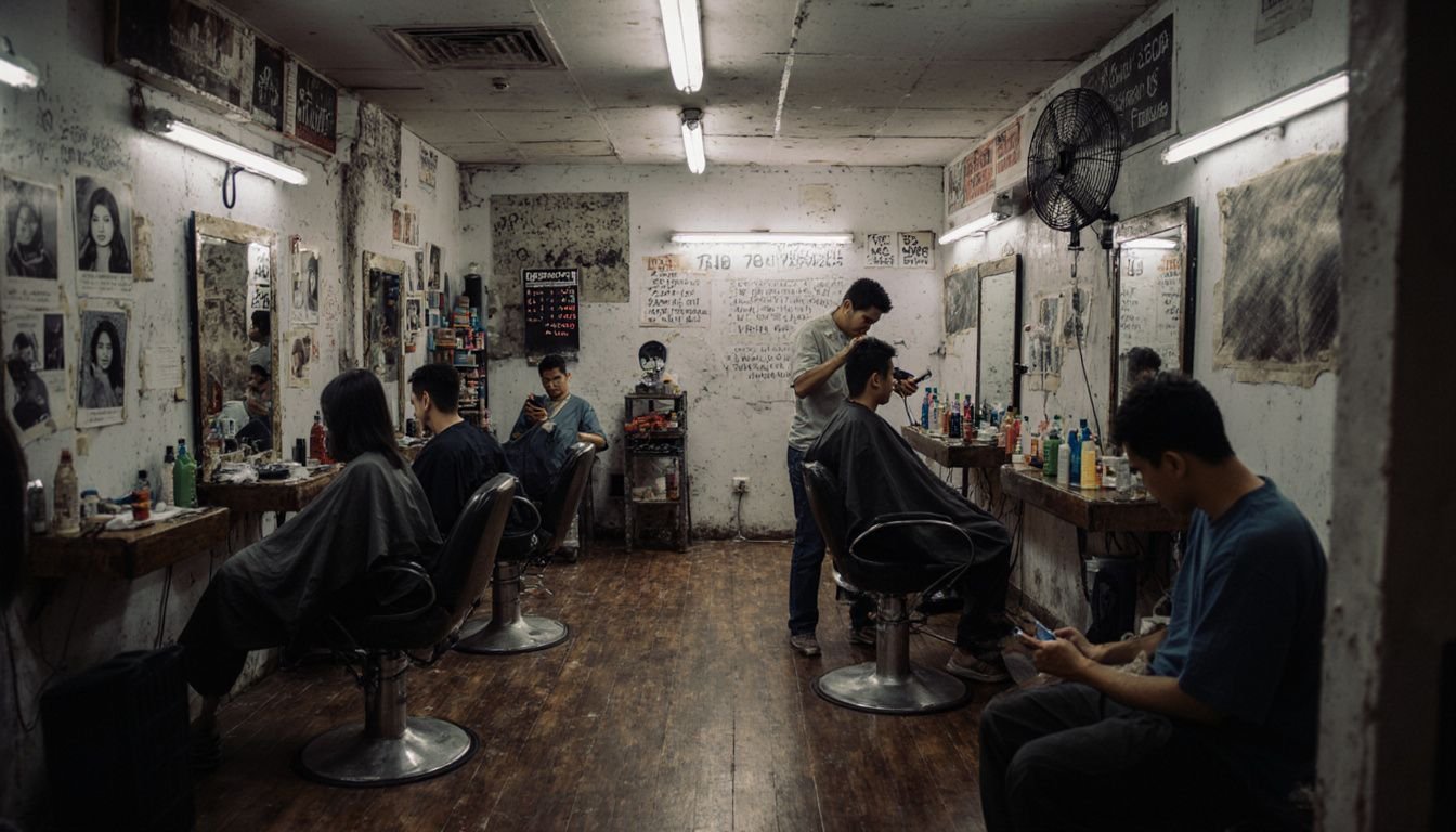 A casual neighborhood hair salon with customers getting haircuts and waiting. A casual neighborhood hair salon with customers getting haircuts and waiting.