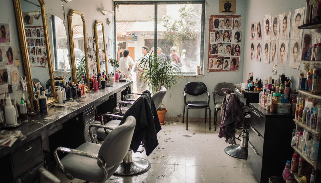 A bustling hair salon with a cozy, lived-in atmosphere.