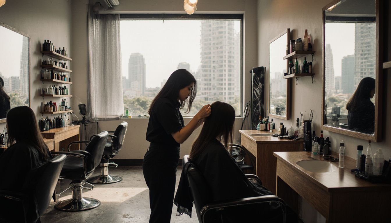A stylist focuses on a client's hair in a casual salon setting. A stylist focuses on a client's hair in a casual salon setting.