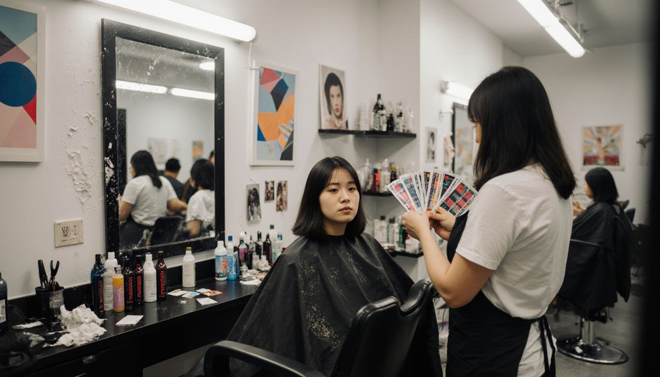 A young woman receives a hair treatment in a busy salon.