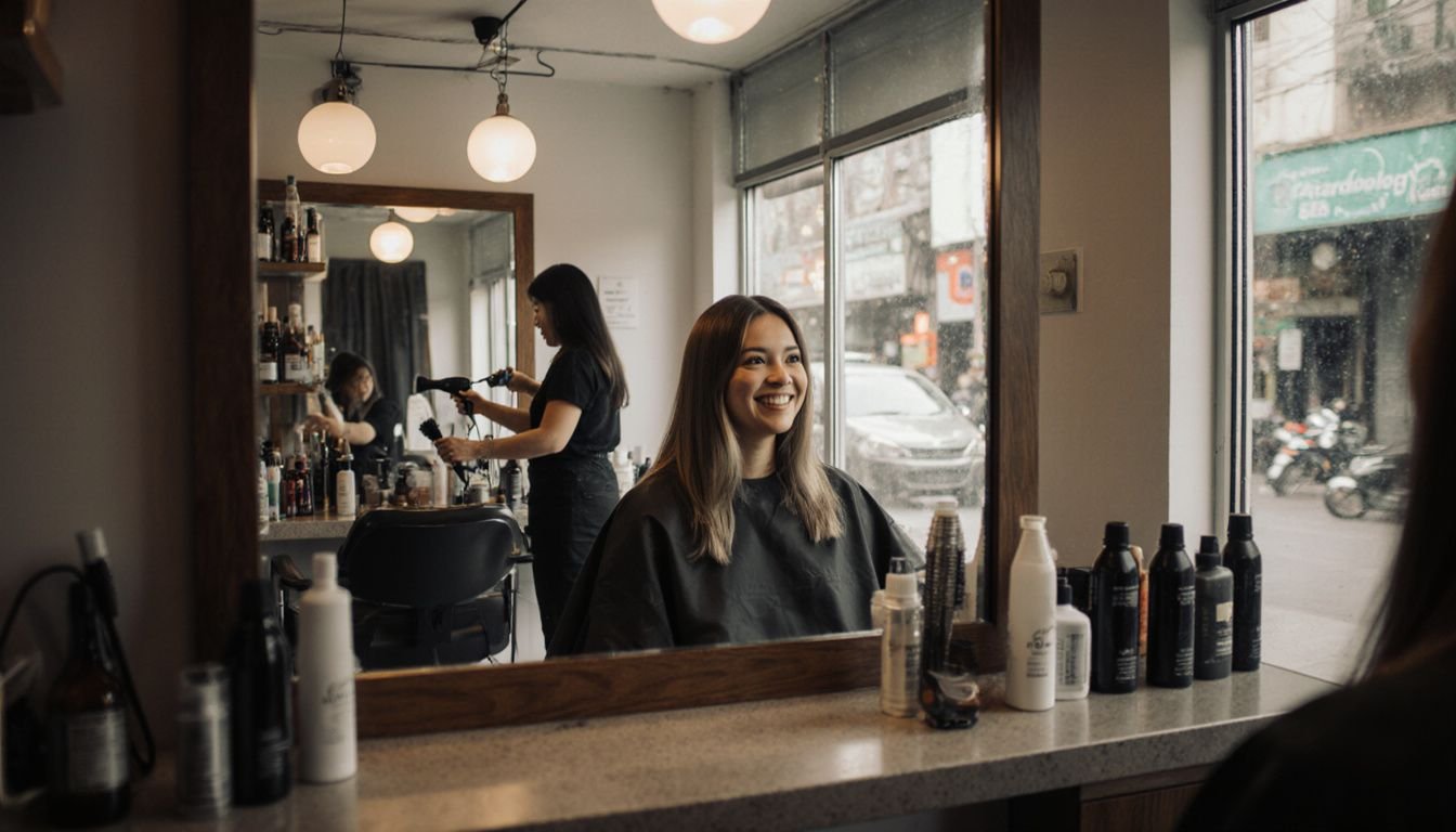 A woman admires her newly colored hair at a salon.